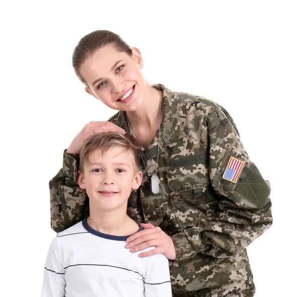 Soldado Feminino Com Filho Fundo Branco Serviço Militar — Fotografia de Stock