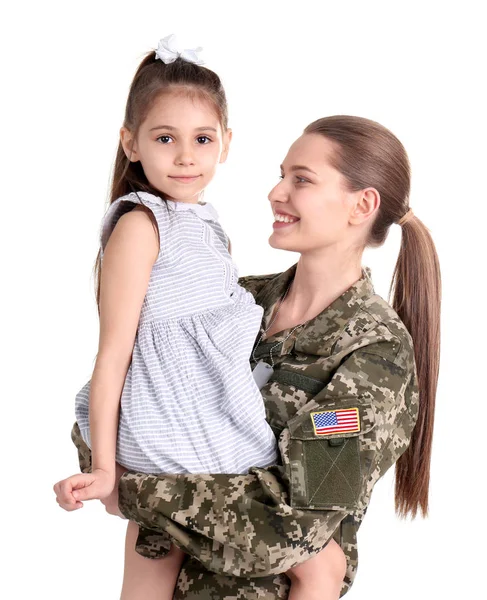 Soldado Feminino Com Filha Fundo Branco Serviço Militar — Fotografia de Stock