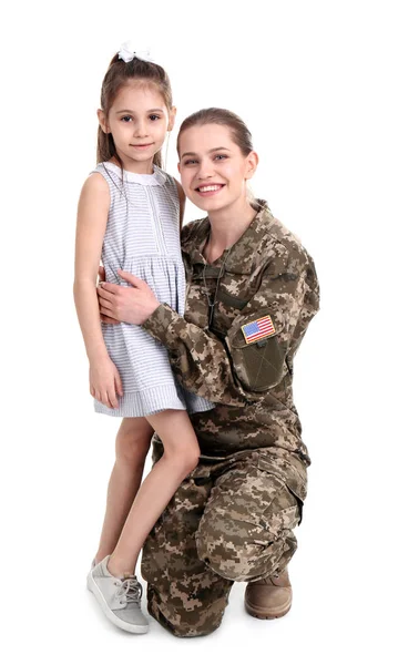 Soldado Feminino Com Filha Fundo Branco Serviço Militar — Fotografia de Stock