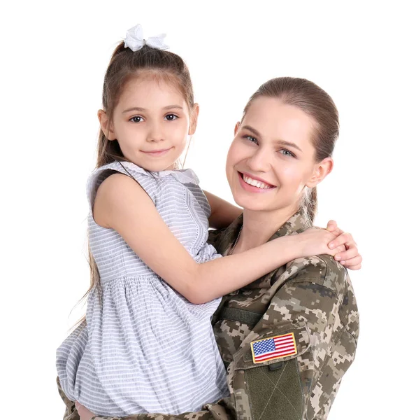 Mujer Soldado Con Hija Sobre Fondo Blanco Servicio Militar — Foto de Stock