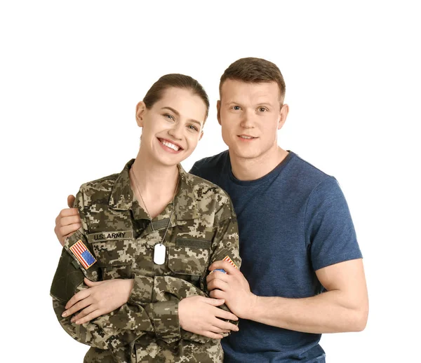 Soldatin Mit Ihrem Mann Auf Weißem Hintergrund Wehrdienst — Stockfoto