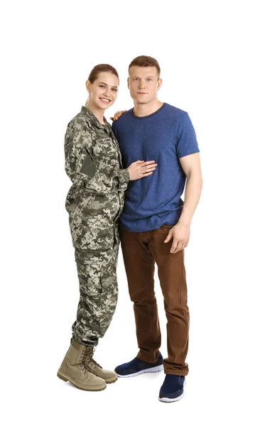 Mujer Soldado Con Marido Sobre Fondo Blanco Servicio Militar — Foto de Stock