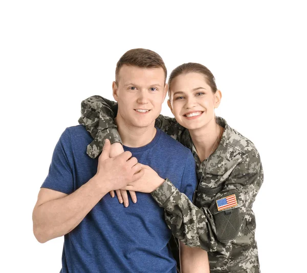 Žena Voják Svým Manželem Bílém Pozadí Vojenská Služba — Stock fotografie