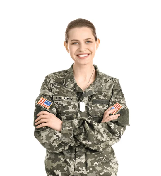 Női katona fehér háttér. Katonai szolgálat — Stock Fotó