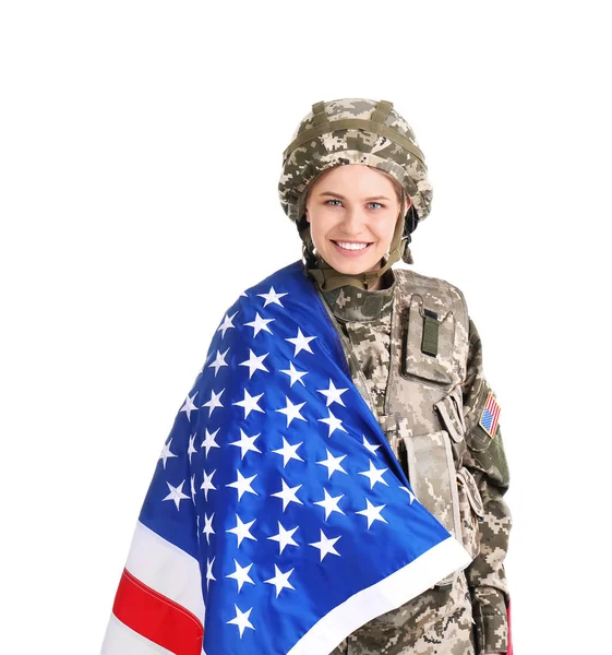 Soldato donna con bandiera americana su sfondo bianco. Servizio militare — Foto Stock