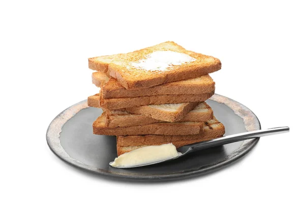 Πλάκα με φρυγανισμένο ψωμί και το βούτυρο σε λευκό φόντο — Φωτογραφία Αρχείου