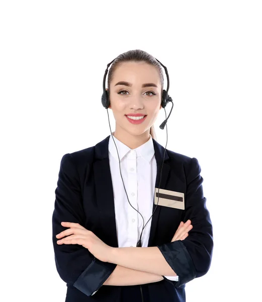 Női recepciós fejhallgató fehér háttér — Stock Fotó