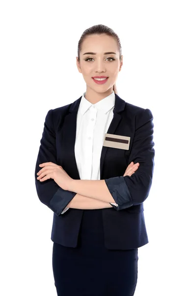 Porträtt av kvinnliga receptionisten på vit bakgrund — Stockfoto