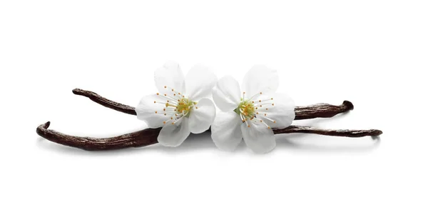 Vanilla pinnar och blommor på vit bakgrund — Stockfoto