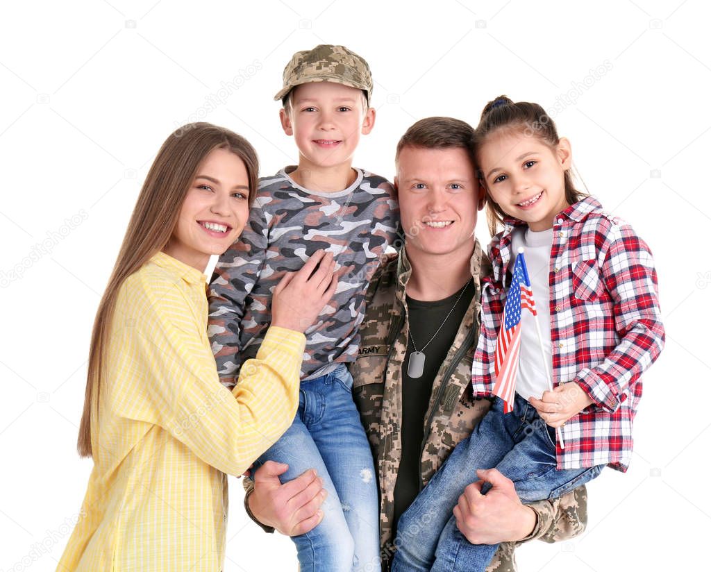 Male soldier with his family on white background. Military service