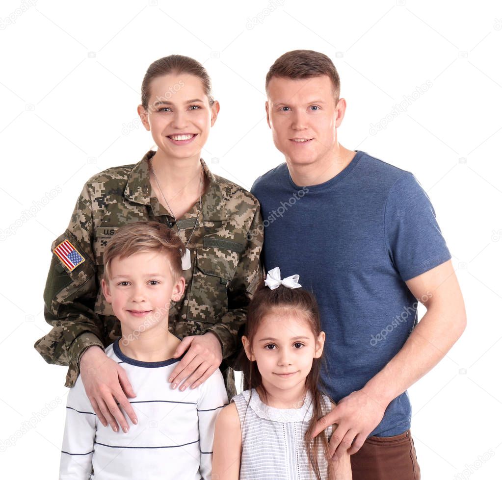 Female soldier with her family on white background. Military service