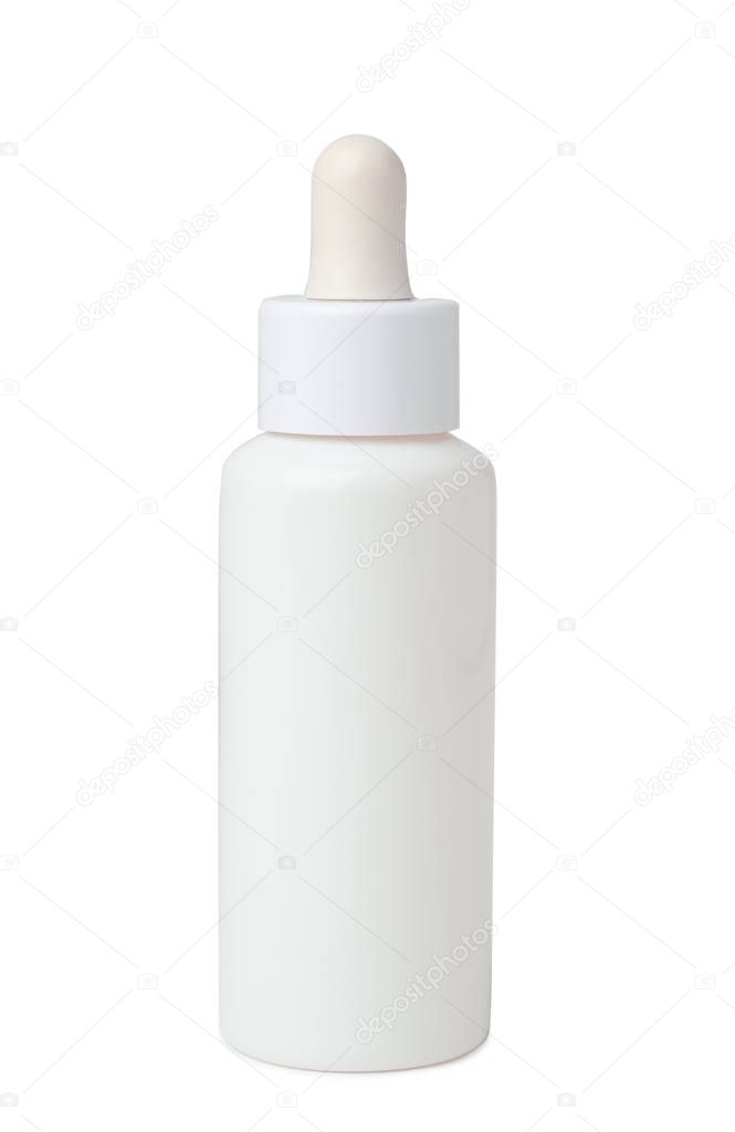 Bottle of cosmetic product on light background