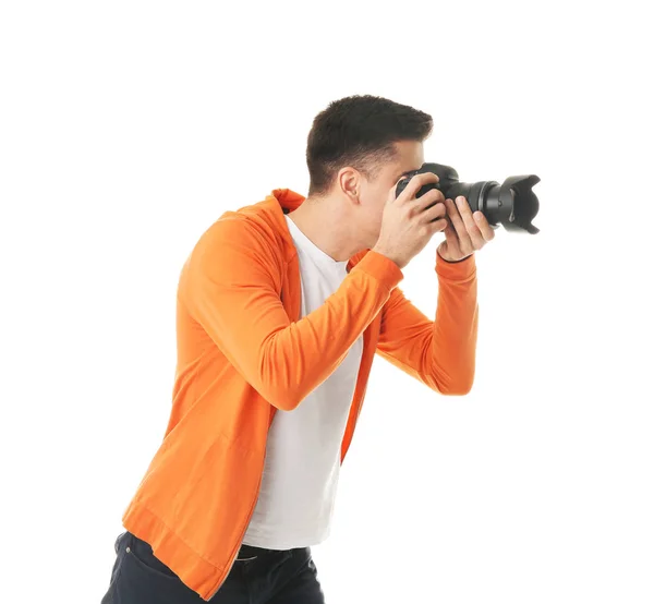 Fotógrafo masculino con cámara sobre fondo blanco —  Fotos de Stock