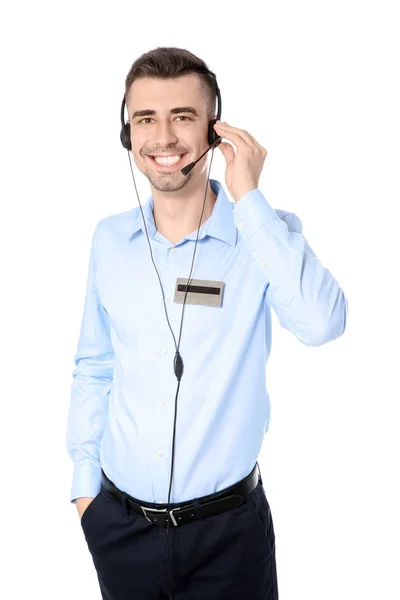 Resepsionis pria dengan headset pada latar belakang putih — Stok Foto