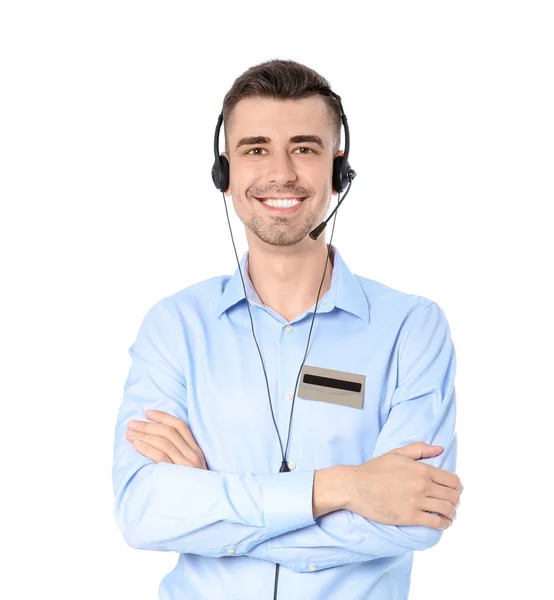 Männliche Empfangsdame mit Headset auf weißem Hintergrund — Stockfoto