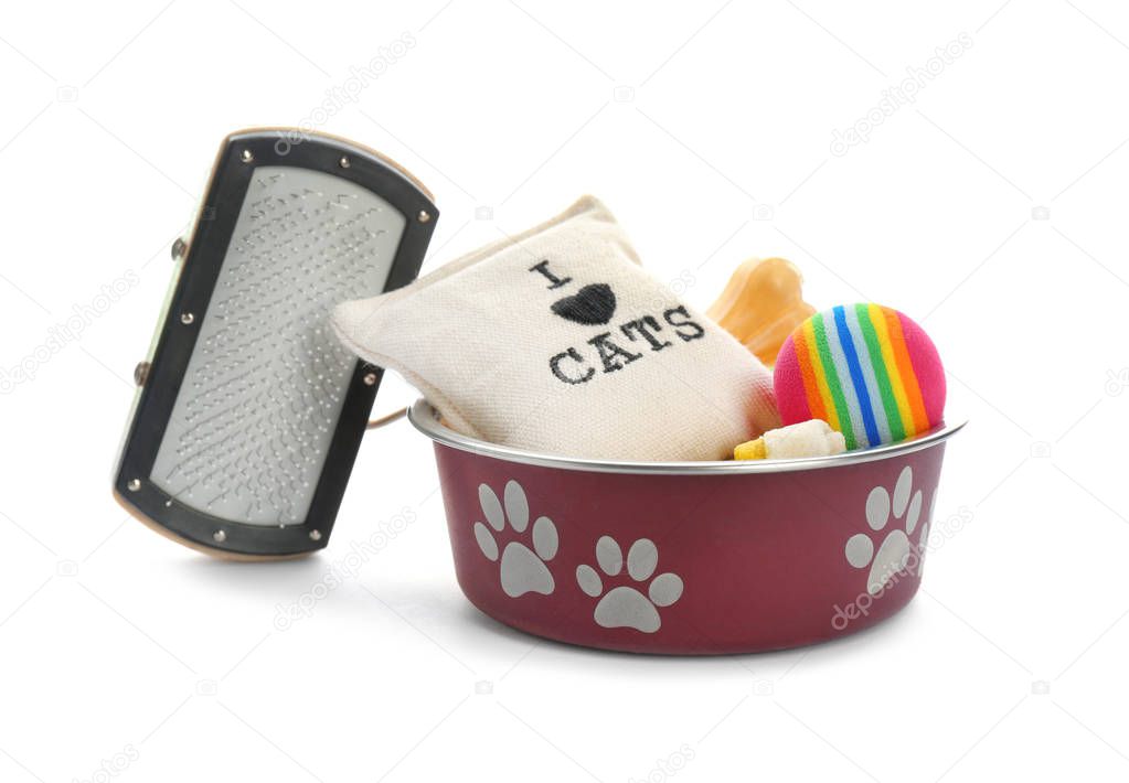 Toys, accessories for cat and dog on white background. Pet care