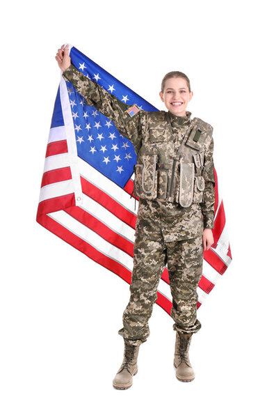 Female soldier with American flag on white background. Military service