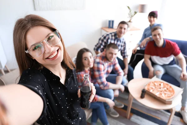 Happy friends taking selfie indoors — Stock Photo, Image