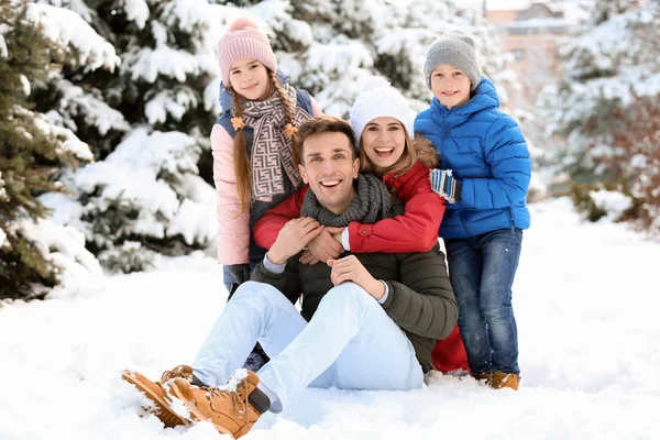 Πορτρέτο του ευτυχής οικογένεια στο χειμερινό πάρκο — Φωτογραφία Αρχείου