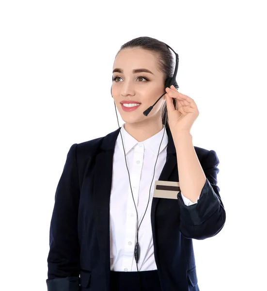 Receptionist femminile con auricolare su sfondo bianco — Foto Stock