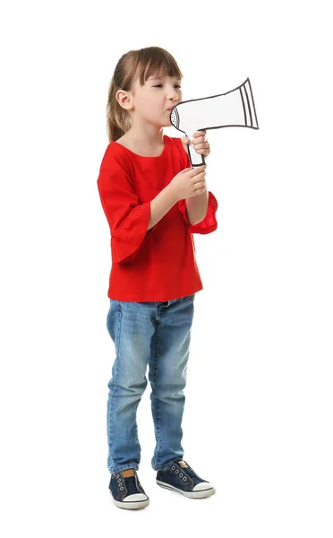 Niedliches Kleines Mädchen Mit Papier Megafon Auf Weißem Hintergrund — Stockfoto