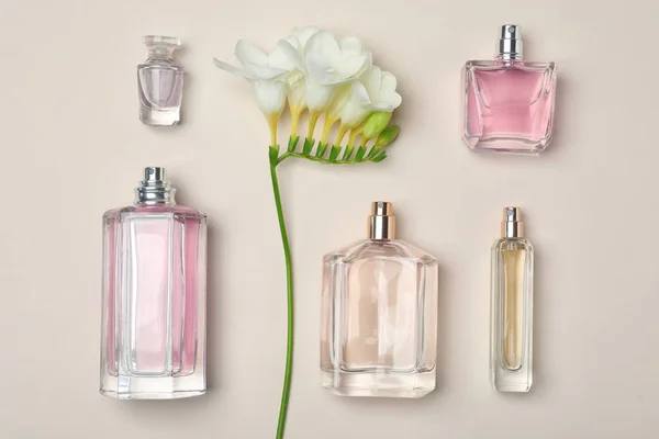 Flessen van parfum en bloem op lichte achtergrond, bovenaanzicht — Stockfoto