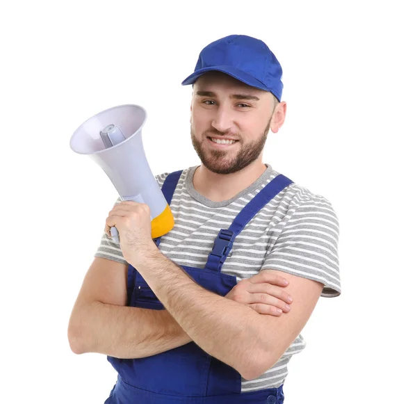 Mannelijke werknemer met megafoon op witte achtergrond — Stockfoto