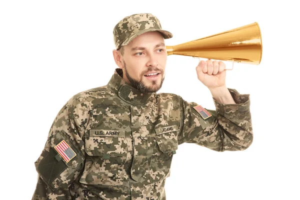 Voják s megafon na bílém pozadí — Stock fotografie