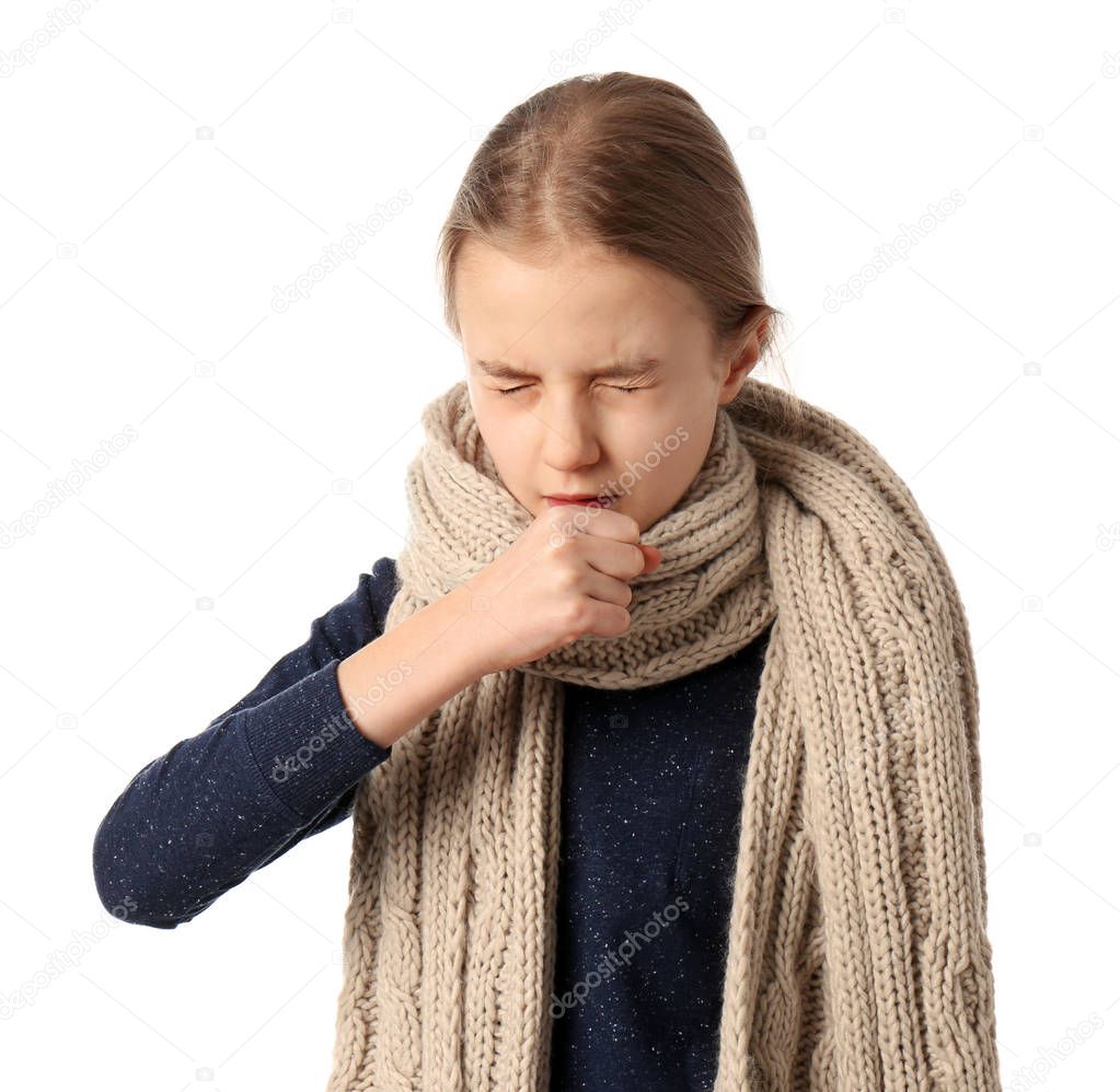 Girl coughing on white background