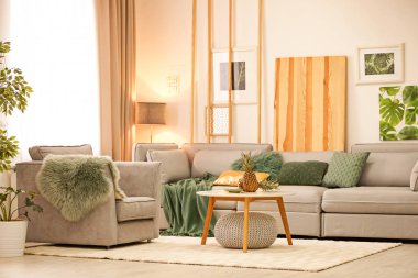 Şık bir oturma odası, rahat bir koltuk ve koltuğu var.