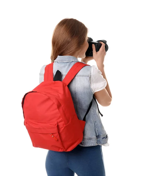 Fotografer wanita dengan kamera di latar belakang putih — Stok Foto