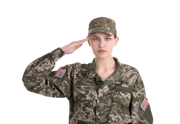 Mujer soldado sobre fondo blanco. Servicio militar — Foto de Stock