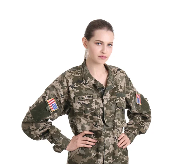 Soldat féminin sur fond blanc. Service militaire — Photo