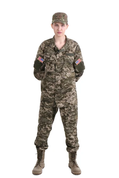 Vrouwelijke soldaat op witte achtergrond. Militaire dienst — Stockfoto
