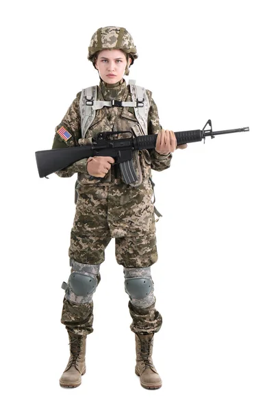 Vrouwelijke soldaat met machinegeweer op witte achtergrond. Militaire dienst — Stockfoto
