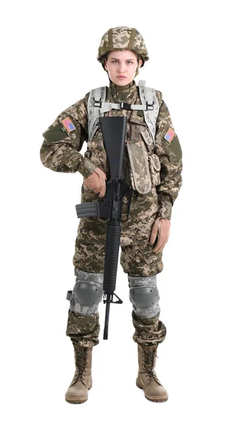 Vrouwelijke soldaat met machinegeweer op witte achtergrond. Militaire dienst — Stockfoto