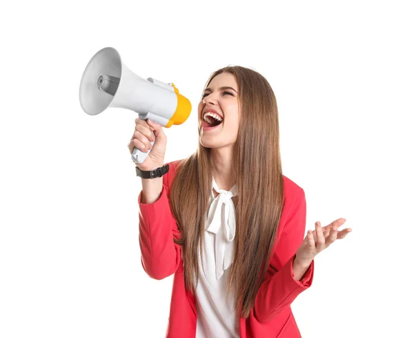 Jovem mulher gritando em megafone no fundo branco — Fotografia de Stock