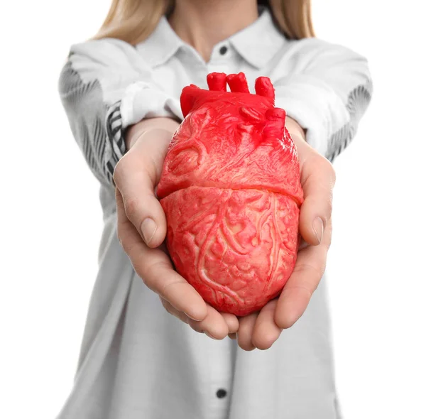 Mujer sosteniendo modelo de corazón sobre fondo blanco. Concepto de ataque cardíaco — Foto de Stock