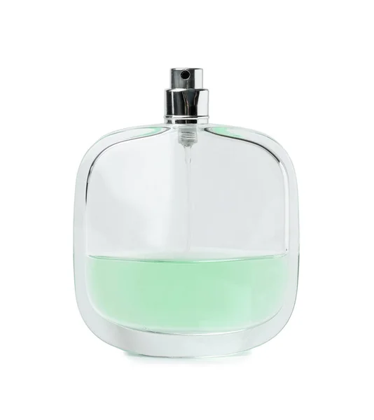 Frasco transparente de perfume sobre fundo branco — Fotografia de Stock