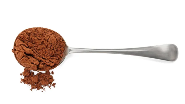 Cuchara con cacao en polvo sobre fondo blanco —  Fotos de Stock