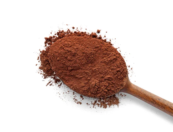 Cucchiaio con cacao in polvere su fondo bianco — Foto Stock