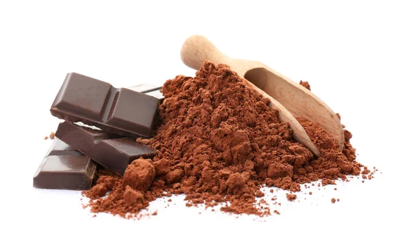Cocoa powder and pieces of chocolate on white background — Stock Photo, Image