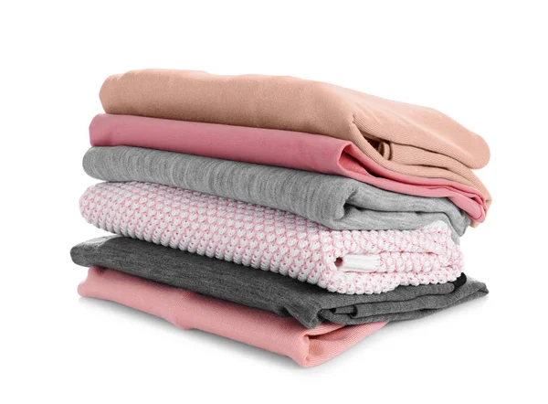 Stack of clean clothes on white background — Stock Photo, Image