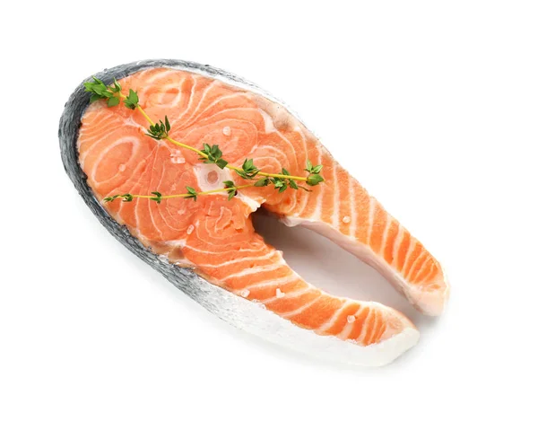 Filete de salmón fresco con tomillo sobre fondo blanco, vista superior —  Fotos de Stock