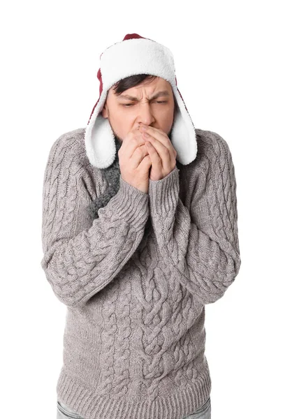 Az ember a meleg ruhát szenved hideg fehér háttér — Stock Fotó