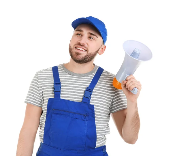 Trabajador masculino con megáfono sobre fondo blanco — Foto de Stock