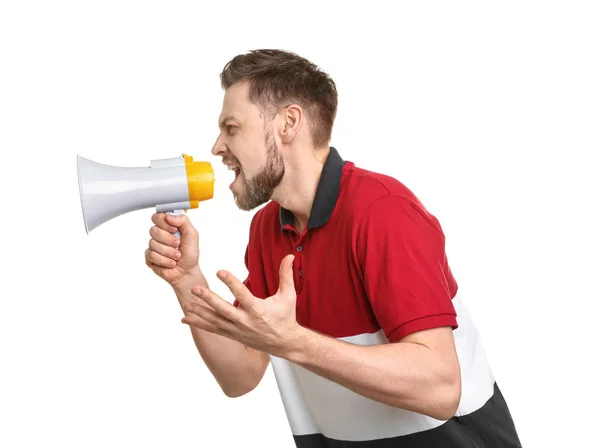 A fiatalember kiabálás a megafon, fehér háttér — Stock Fotó