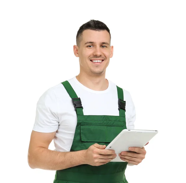 Jonge loodgieter met tablet pc op witte achtergrond — Stockfoto
