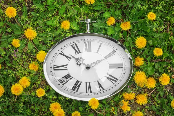 Horloge rétro sur herbe verte avec des pissenlits, à l'extérieur. Concept de changement d'heure — Photo