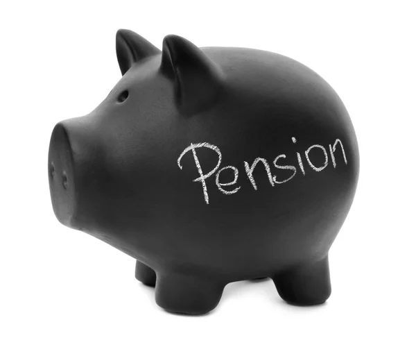 Svart spargris med ordet Pension på vit bakgrund — Stockfoto